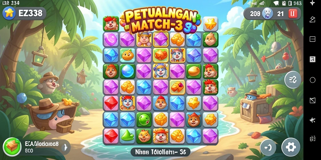 Screenshot gameplay EZ338 menunjukkan momen mencocokkan elemen yang penuh warna.