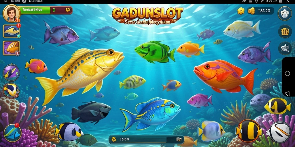 Screenshot GADUNSLOT menunjukkan aksi menembak ikan yang seru.