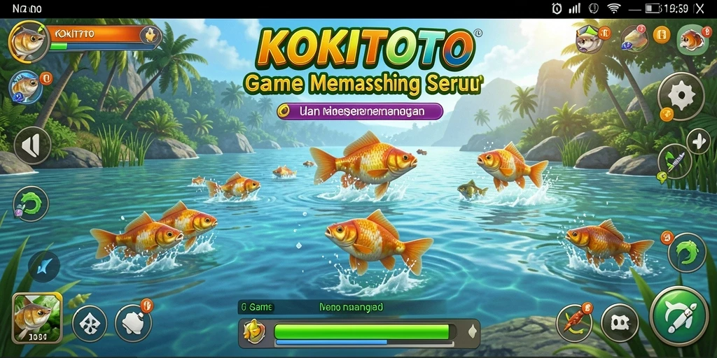 Tampilan gameplay KOKITOTO yang seru saat memancing di laut.