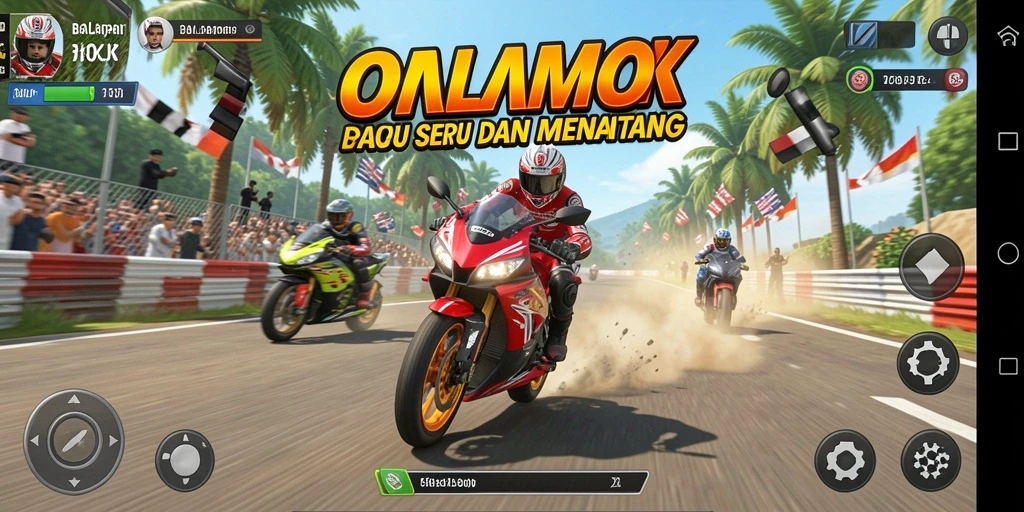 Tangkapan layar utama OKJK menampilkan aksi balapan motor yang mendebarkan.